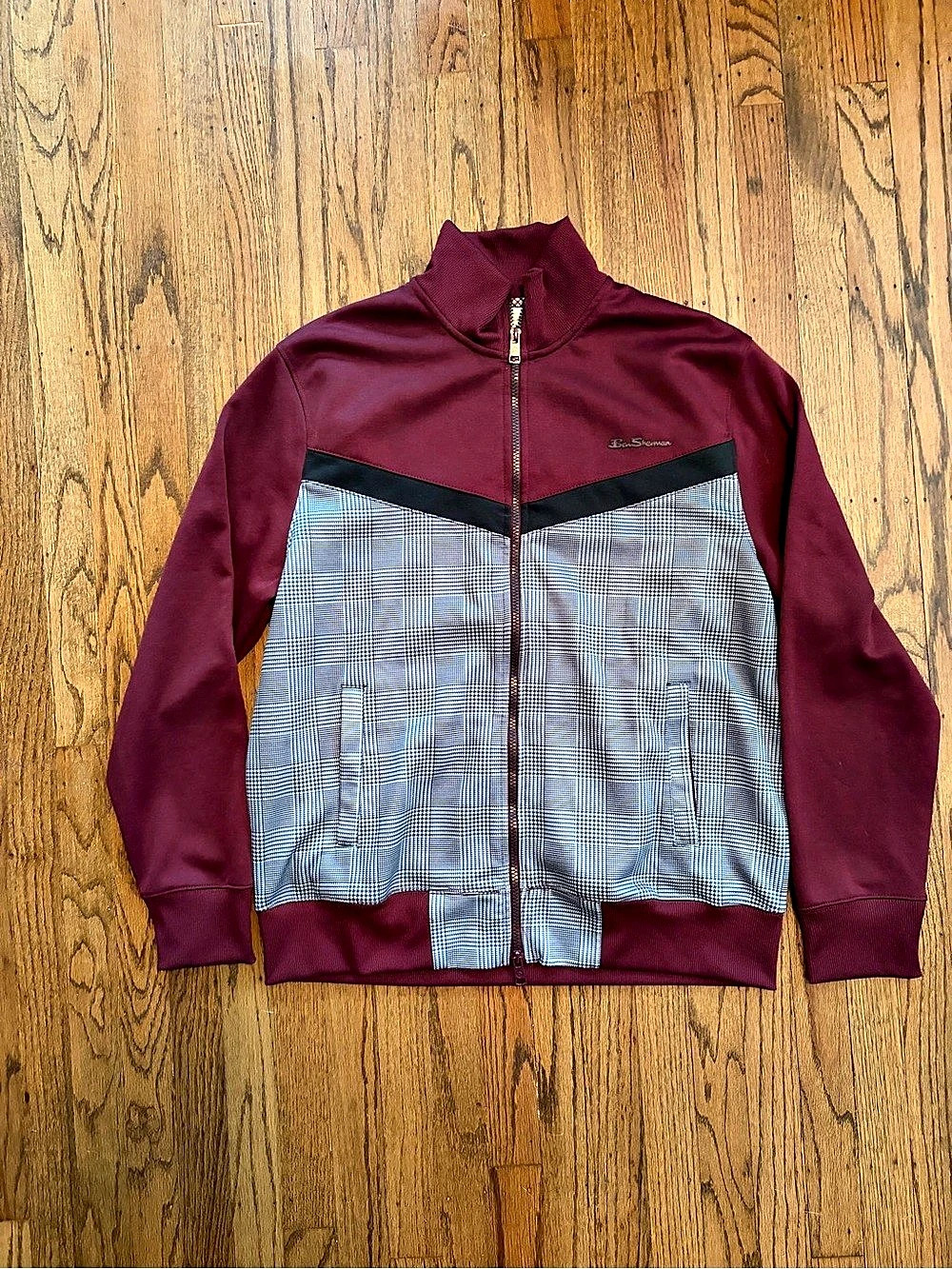 Ben Sherman Men's Burgundy Plaid Zip Up Jacket Size Large